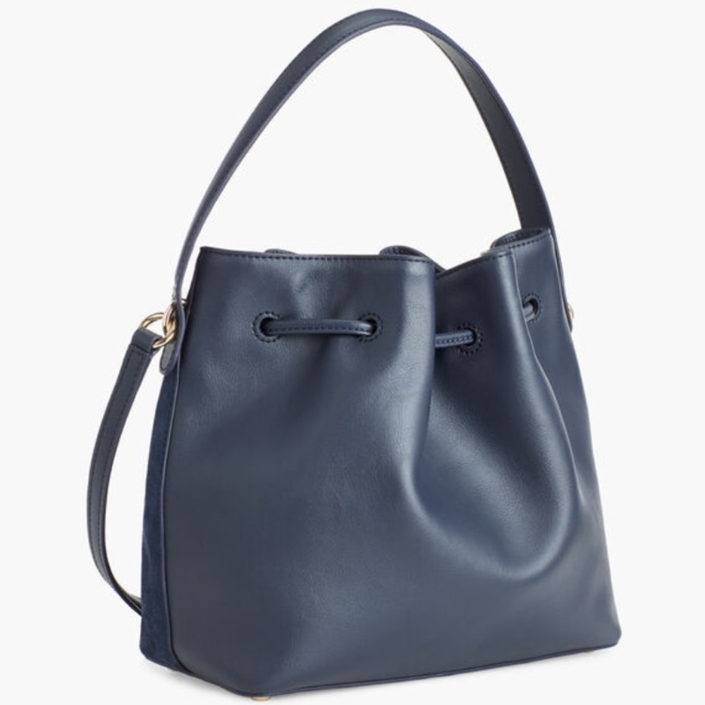 Talbots Navy Blue Suede Drawstring Bucket Bag Crossbody Hand Bag - Picture 4 of 10